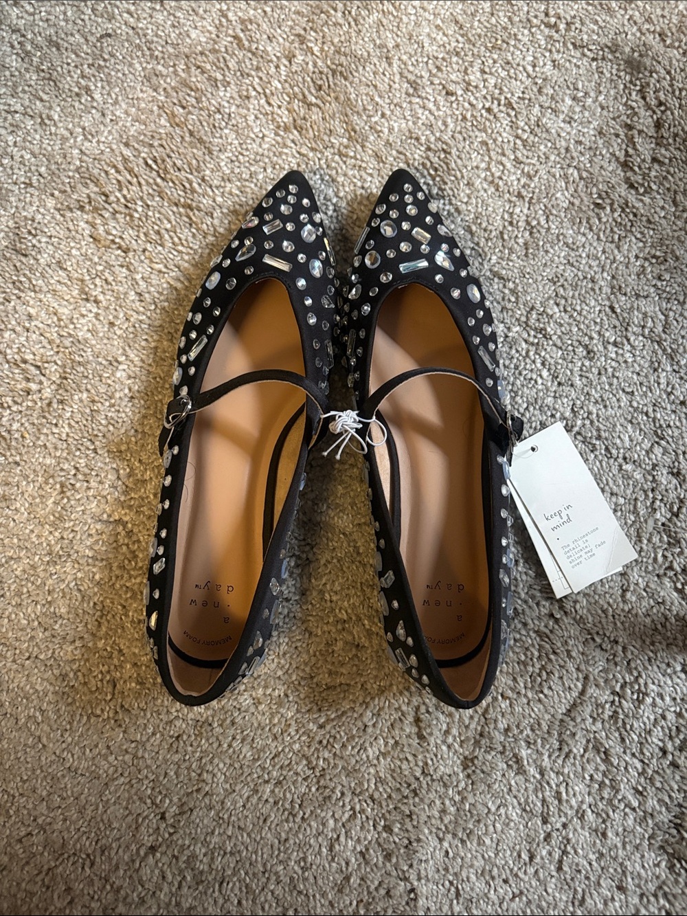 a new day Black Embellished Pointed Toe Mary Jane Flats. Size 9 - 9.5 NWOB - Picture 2 of 9